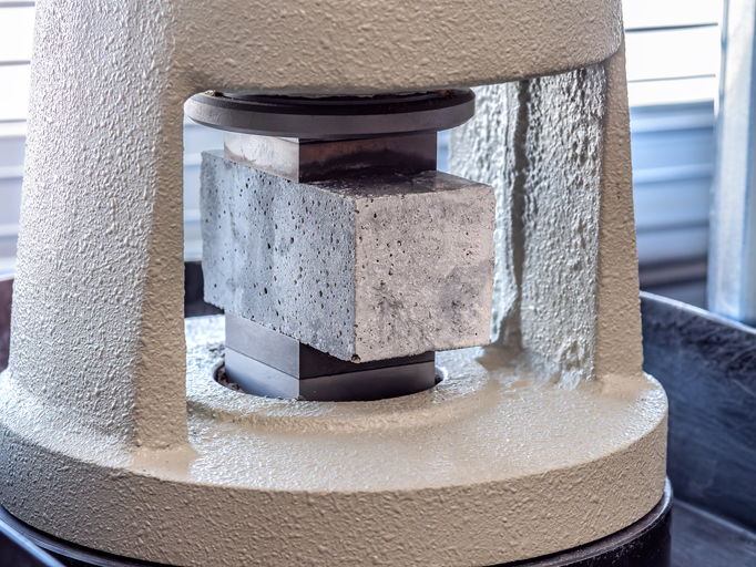 Metal piston pressing into cement demonstrating its strength during a compression test
