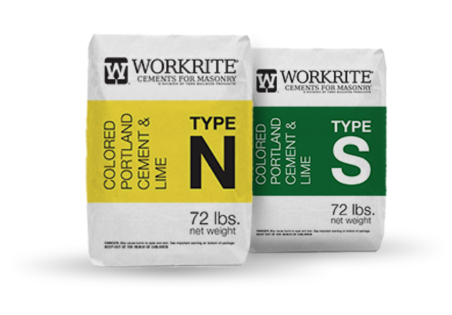 Two bags of Workrite Colored Portland Cement & Lime, one that is Type S and the other that is Type N