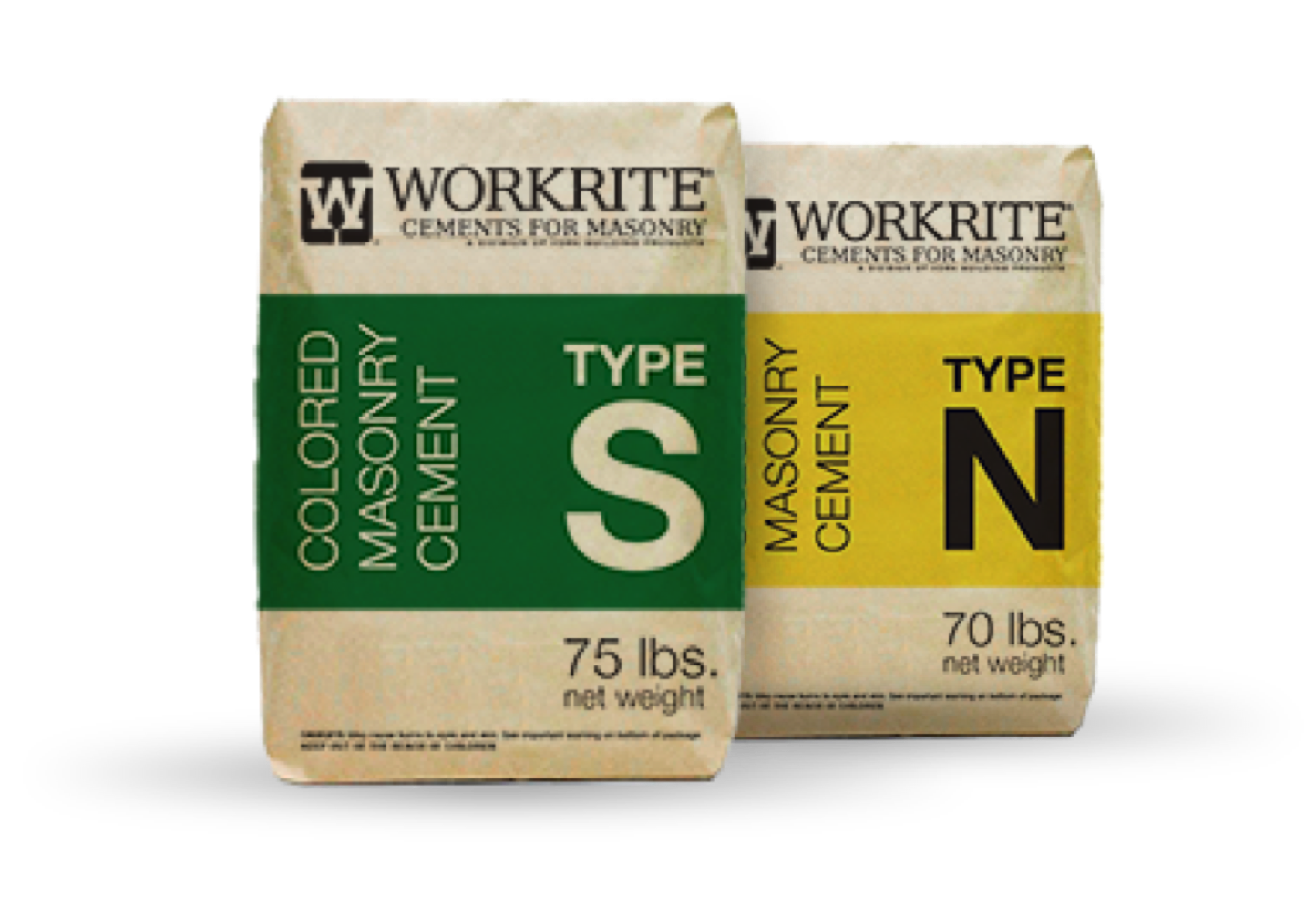Two bags of Workrite Colored Masonry Cement, one that is Type S and the other that is Type N