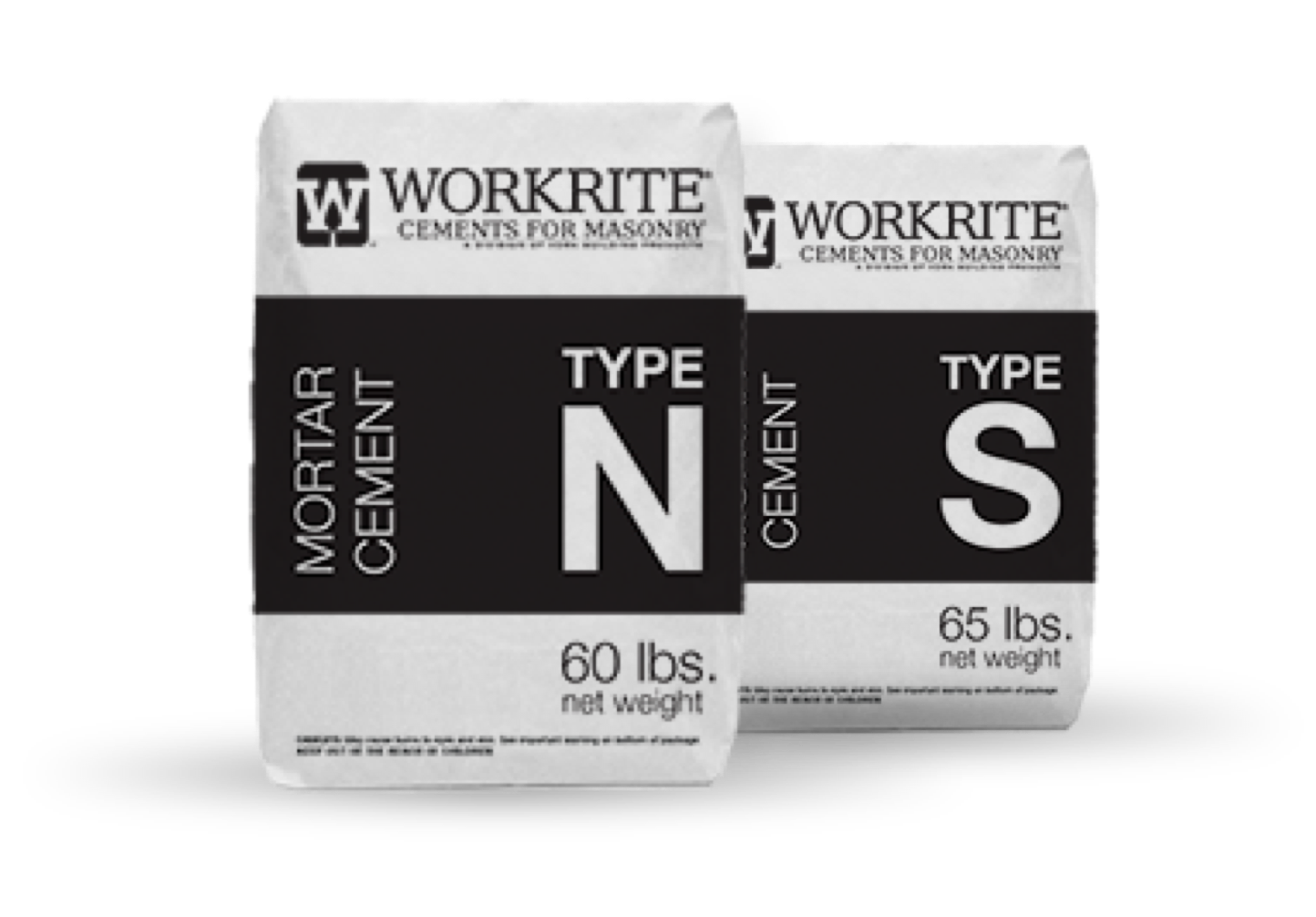 Two bags of Workrite Non-Pigmented Mortar Cement, one that is Type S and the other that is Type N